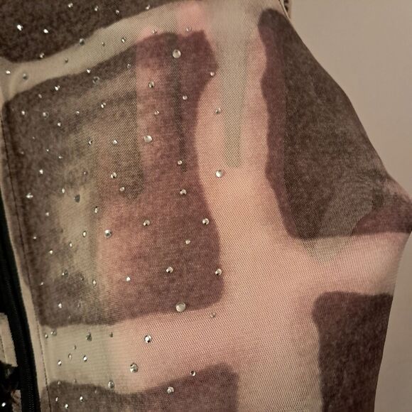 Damee Jacket Women's Large L Brown Black Mixed Media Rhinestones Sheer Artsy - Picture 5 of 12